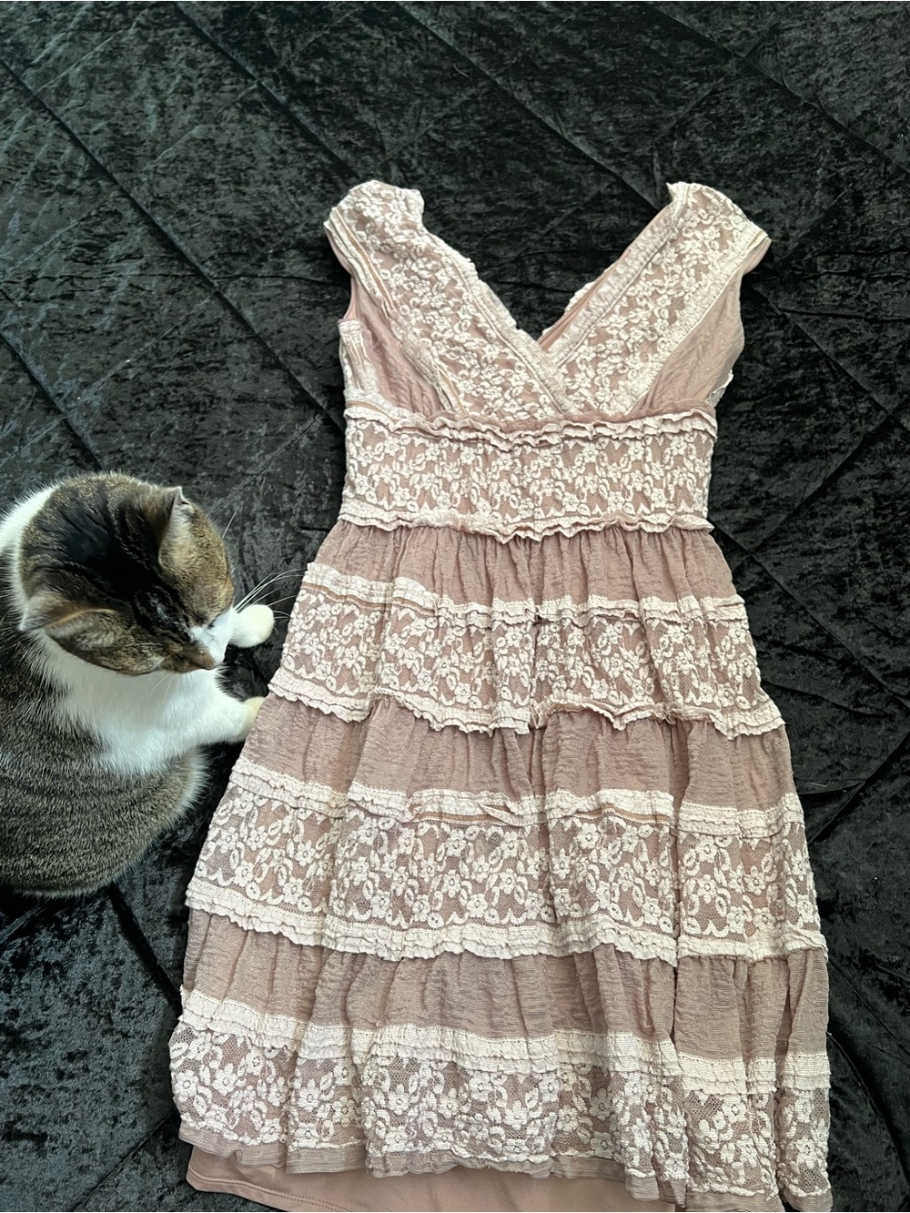 Max Studio Lace Tiered V-Neck Dress in Dusty Rose